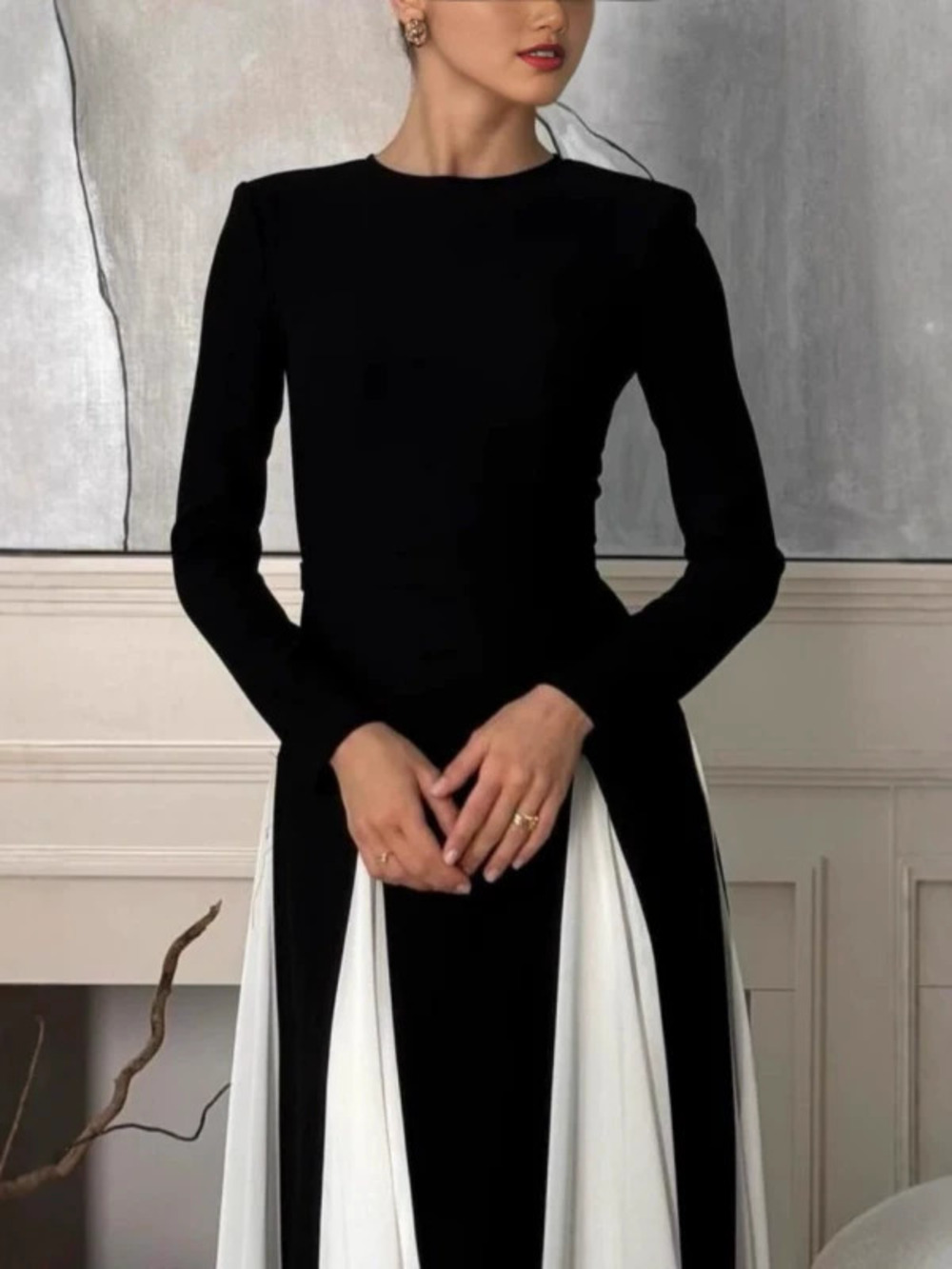 Fall Winter Round Neck Color Block Long Sleeve High Waist Slim Chic Retro Dress - Picture 3 of 6